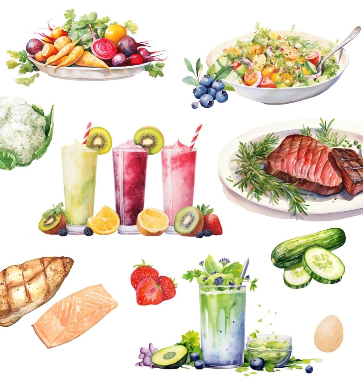 A soft watercolor illustration of fresh, nourishing whole foods.