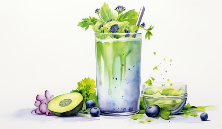 A watercolor illustration of a green smoothie beside avocado, blueberries and fresh herbs.