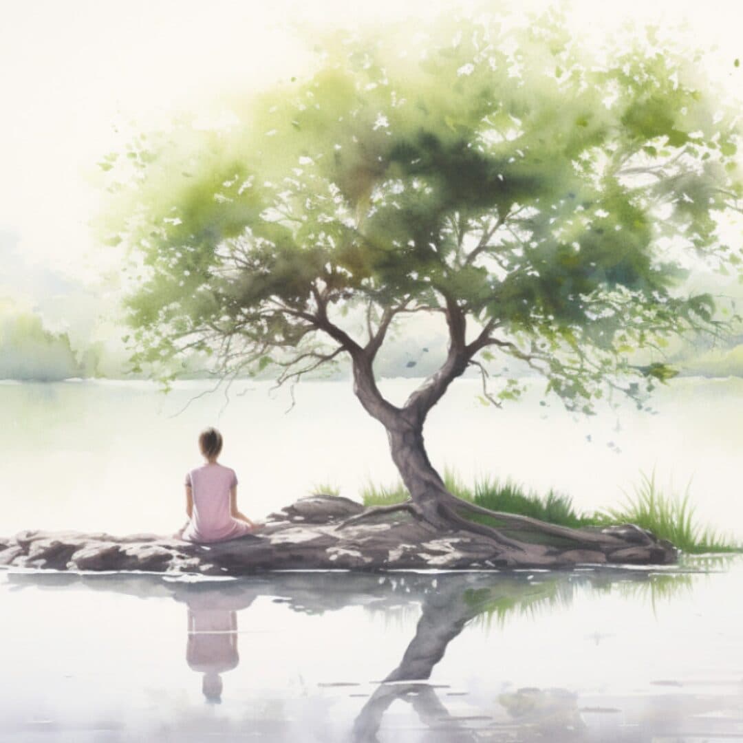 A watercolor illustration of a woman sitting alone beneath a broad tree at the edge of still water.