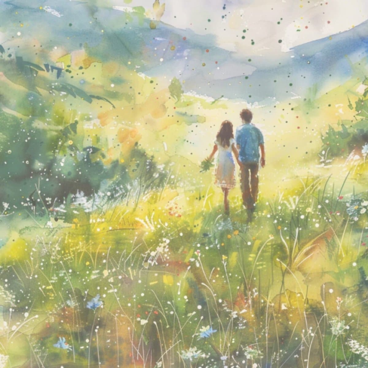 A soft watercolor illustration of two people walking together through a sunlit meadow.
