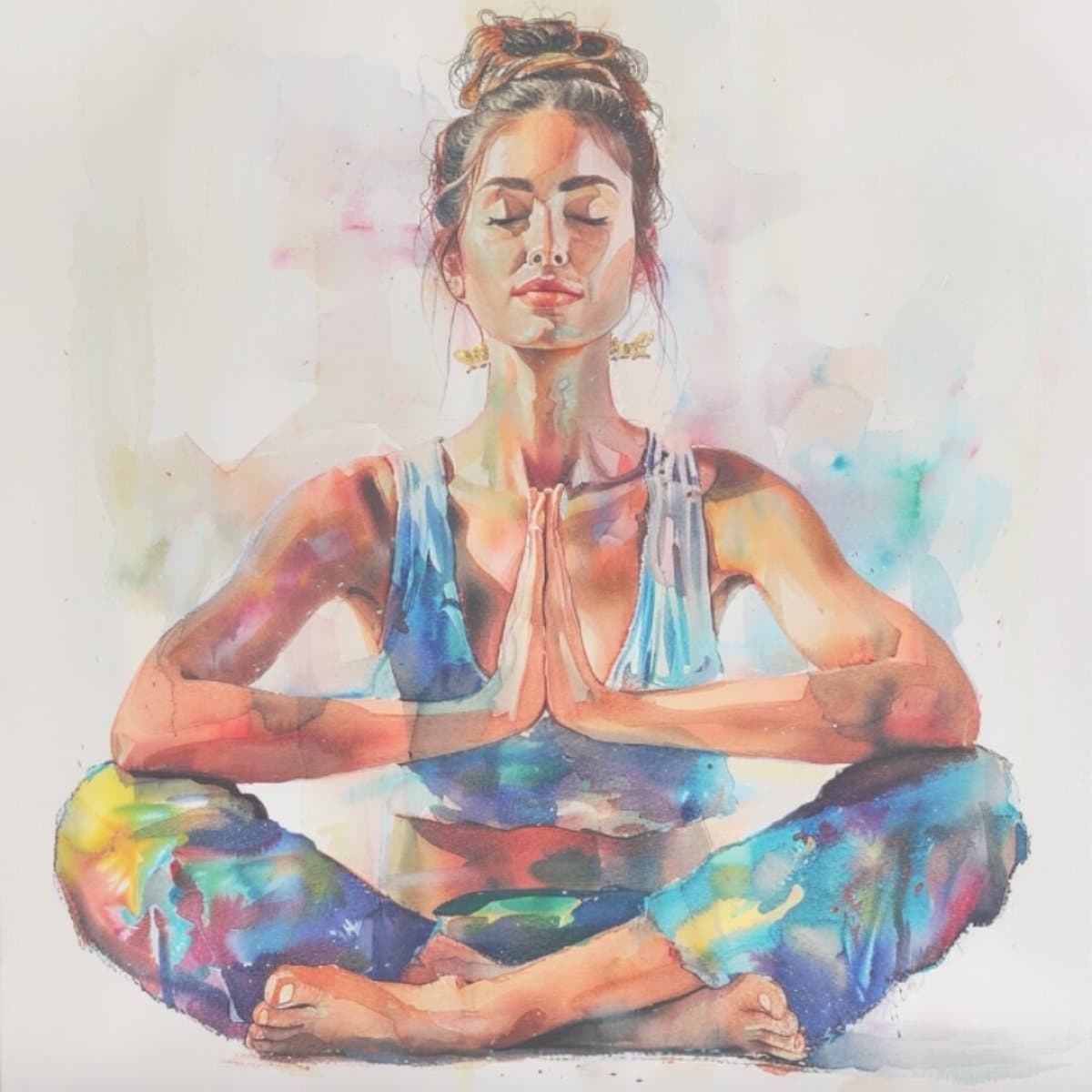A soft watercolor illustration of a calm yoga and meditation moment.